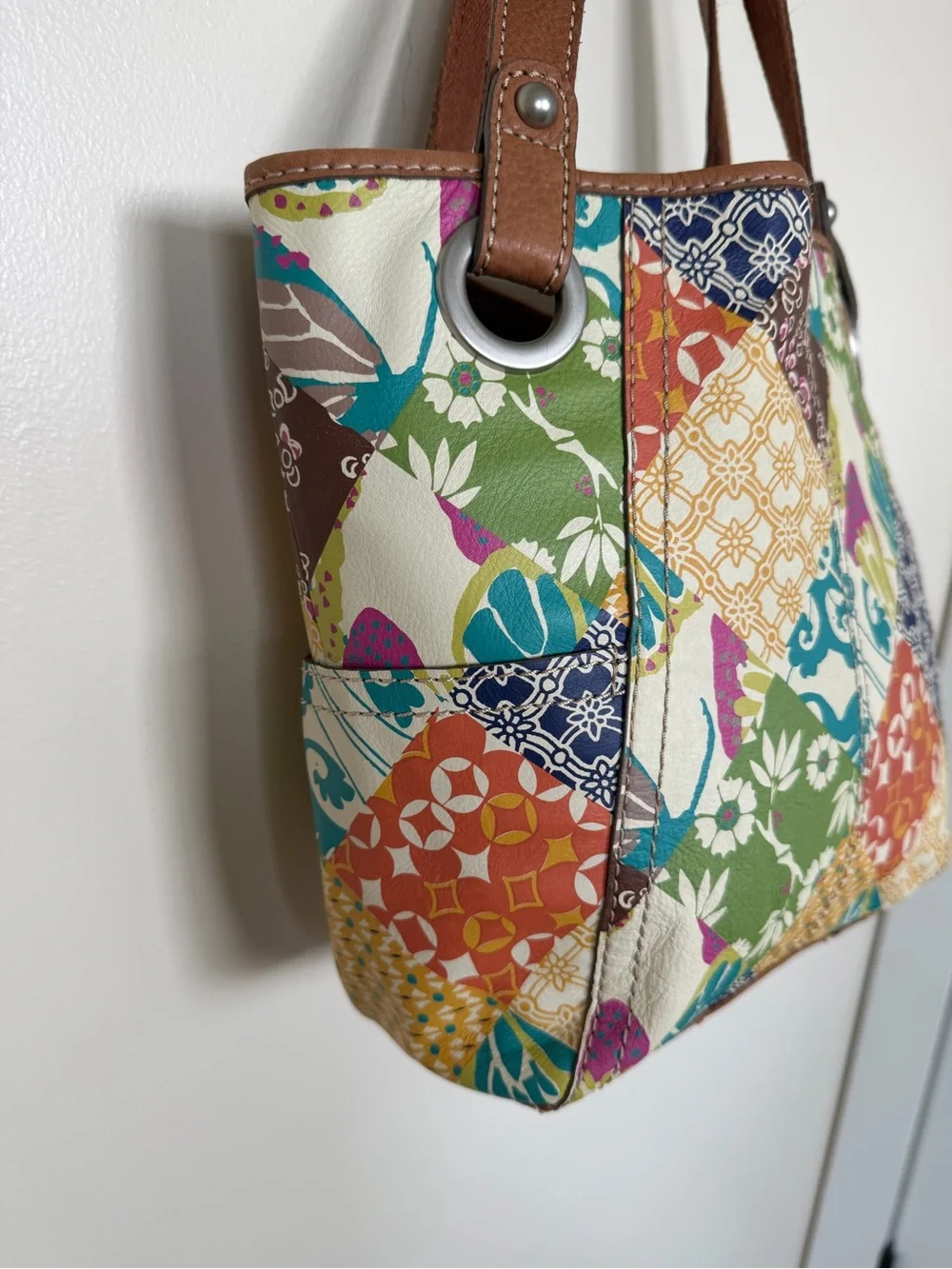FOSSIL Colorful Floral Patchwork Vintage Hobo Shoulder Tote Bag